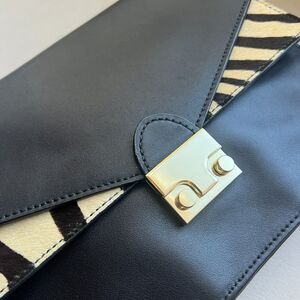 Loeffler Randall Black Leather w/ Animal Print Accent Envelope Crossbody Handbag